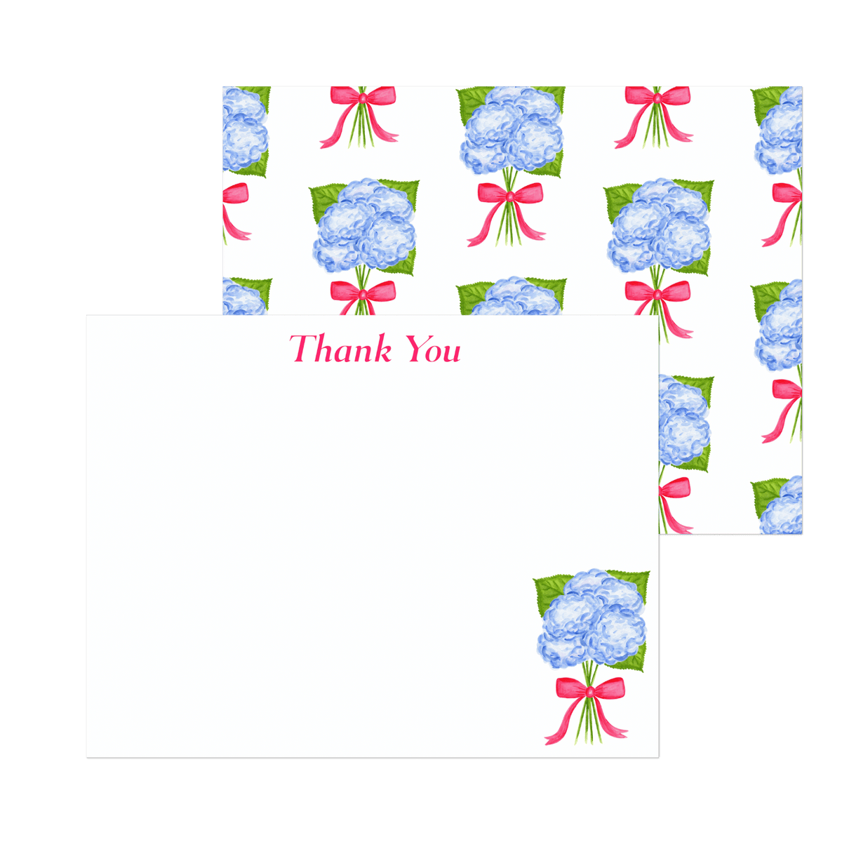 Thank You Cards | Blue Hydrangeas with a Hot Pink Bow Watercolor Illustration | Set of 10 Cards & Envelopes | 2 Sizes