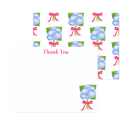 Thank You Cards | Blue Hydrangeas with a Hot Pink Bow Watercolor Illustration | Set of 10 Cards & Envelopes | 2 Sizes