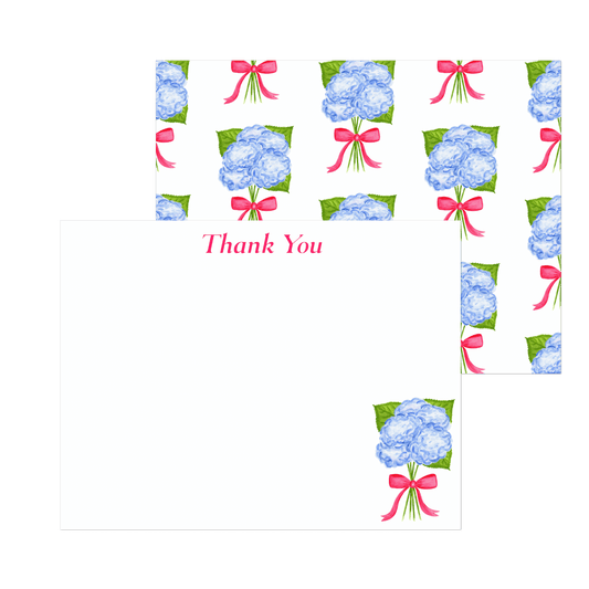 Thank You Cards | Blue Hydrangeas with a Hot Pink Bow Watercolor Illustration | Set of 10 Cards & Envelopes | 2 Sizes