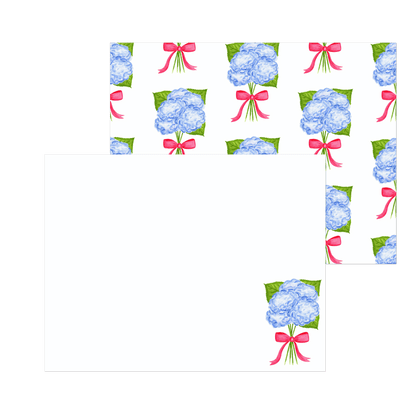 Blue Hydrangeas with Hot Pink Bow Watercolor Illustration | Set of 10 Cards & Envelopes | 2 Sizes