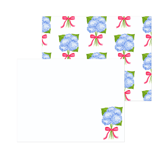 Blue Hydrangeas with Hot Pink Bow Watercolor Illustration | Set of 10 Cards & Envelopes | 2 Sizes