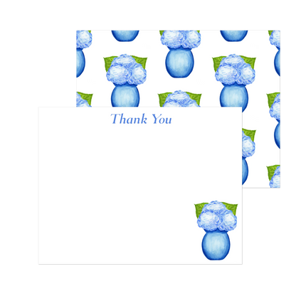 Thank You Cards | Blue Hydrangeas in a Blue Vase Watercolor Illustration | Set of 10 Cards & Envelopes | 2 Sizes