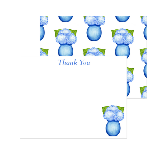 Thank You Cards | Blue Hydrangeas in a Blue Vase Watercolor Illustration | Set of 10 Cards & Envelopes | 2 Sizes