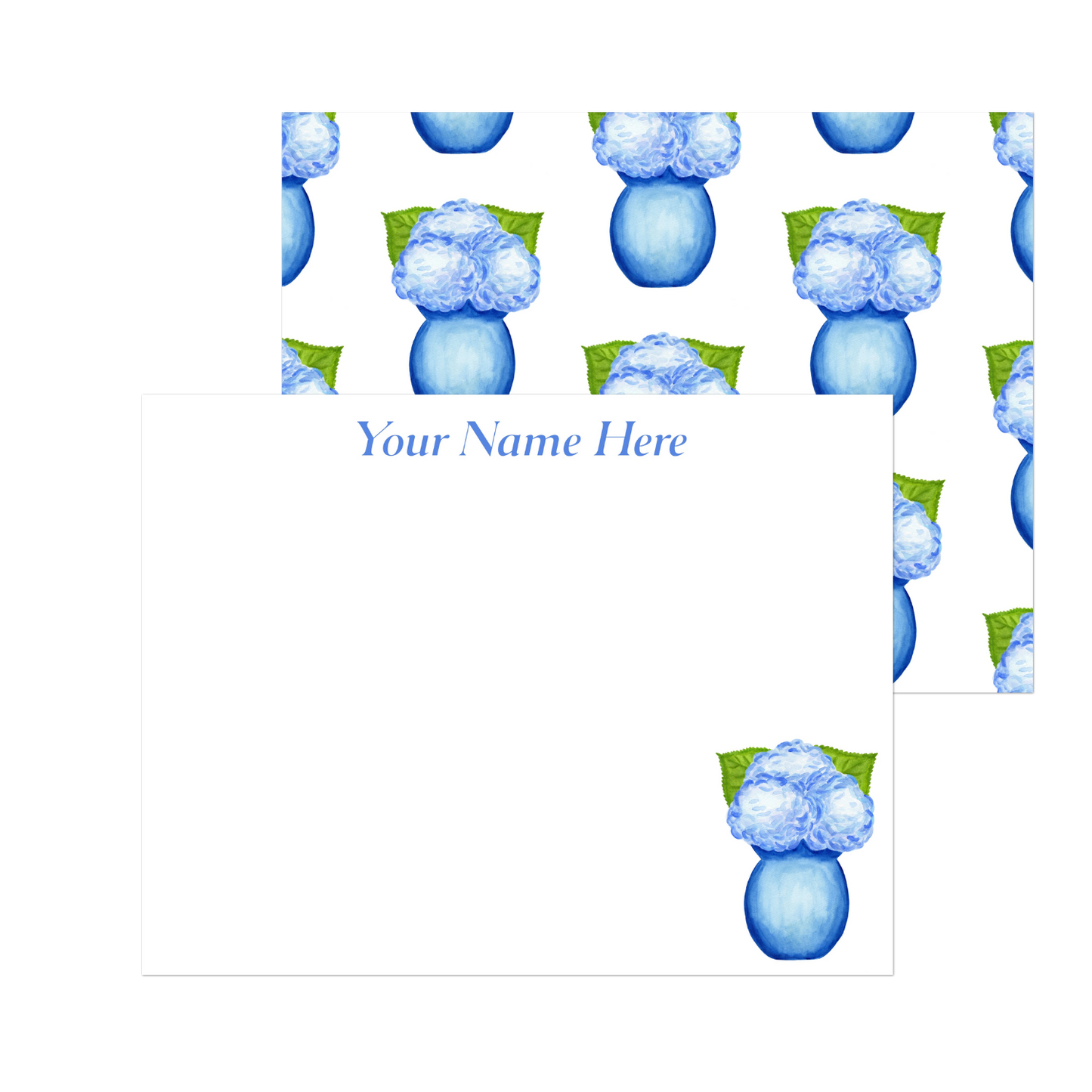 Personalized | Blue Hydrangeas in Blue Vase Watercolor Illustration | Set of 10 Cards & Envelopes | 2 Sizes