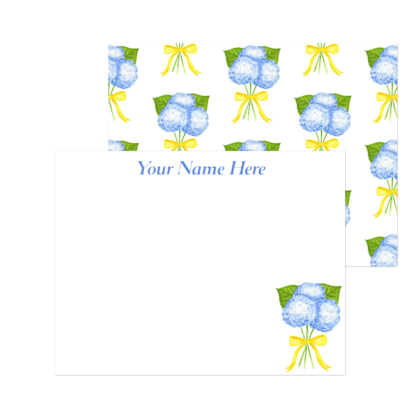 Personalized | Blue Hydrangeas with a Yellow Bow Watercolor Illustration | Set of 10 Cards & Envelopes | 2 Sizes