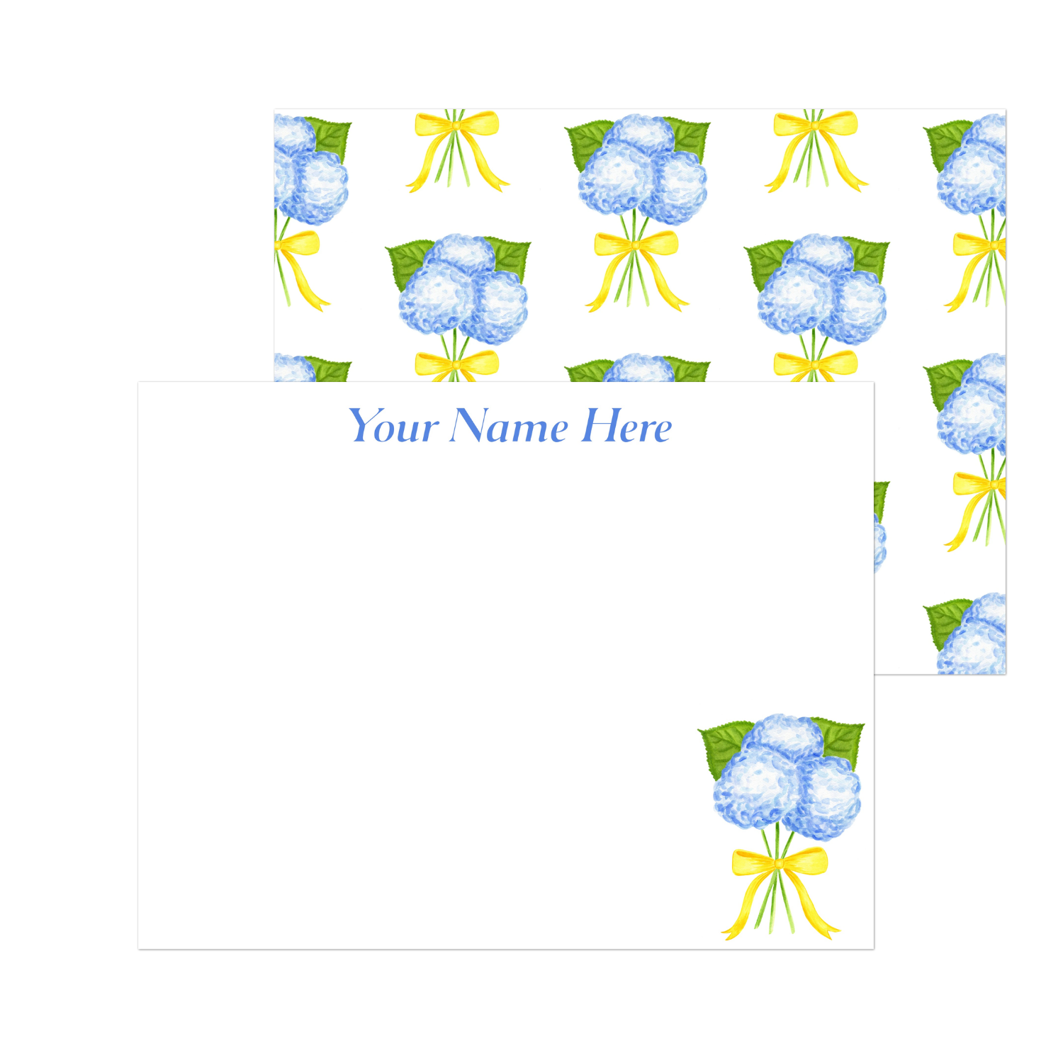 Personalized | Blue Hydrangeas with a Yellow Bow Watercolor Illustration | Set of 10 Cards & Envelopes | 2 Sizes