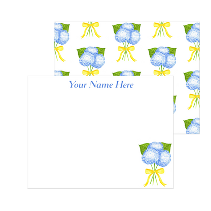 Personalized | Blue Hydrangeas with a Yellow Bow Watercolor Illustration | Set of 10 Cards & Envelopes | 2 Sizes