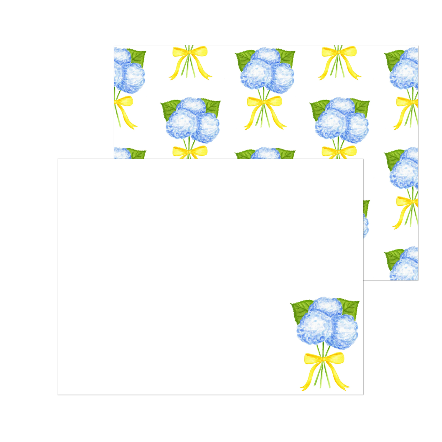 Blue Hydrangeas with a Yellow Bow Watercolor Illustration | Set of 10 Cards & Envelopes | 2 Sizes