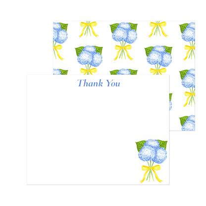 Thank You | Blue Hydrangeas with a Yellow Bow Watercolor Illustration | Set of 10 Cards & Envelopes | 2 Sizes