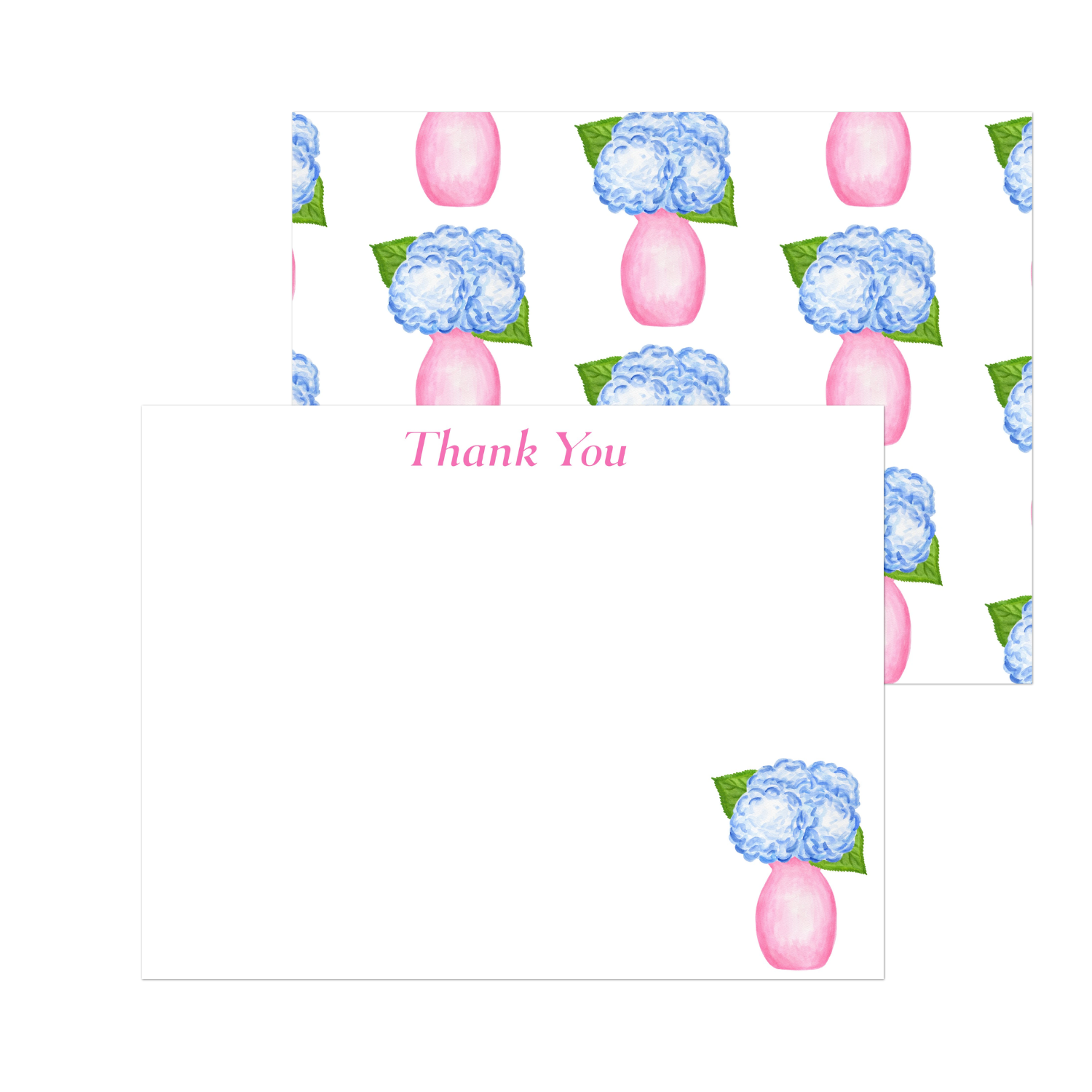 Thank You | Blue Hydrangeas in Light Pink Vase Watercolor Illustration | Set of 10 Cards & Envelopes | 2 Sizes