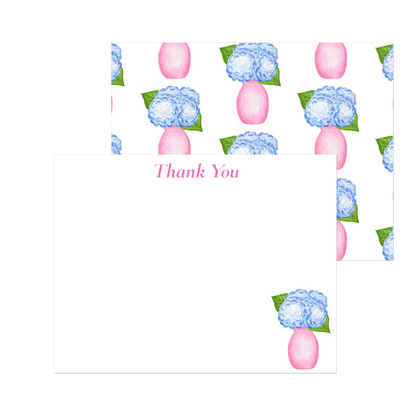 Thank You | Blue Hydrangeas in Light Pink Vase Watercolor Illustration | Set of 10 Cards & Envelopes | 2 Sizes