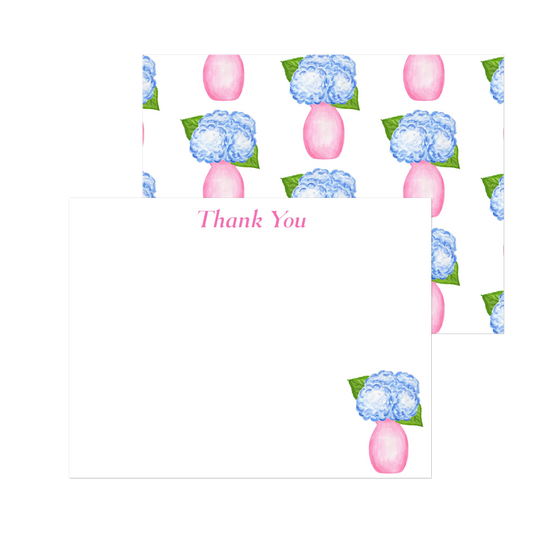 Thank You | Blue Hydrangeas in Light Pink Vase Watercolor Illustration | Set of 10 Cards & Envelopes | 2 Sizes