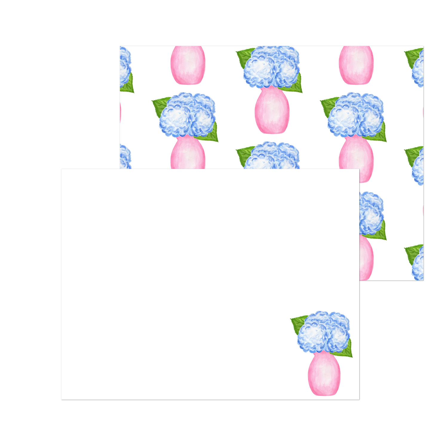 Blue Hydrangeas in a Pink Vase Watercolor Illustration | Set of 10 Cards & Envelopes | 2 Sizes
