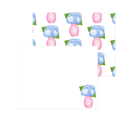 Blue Hydrangeas in a Pink Vase Watercolor Illustration | Set of 10 Cards & Envelopes | 2 Sizes