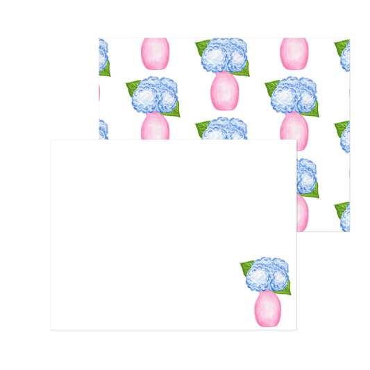 Blue Hydrangeas in a Pink Vase Watercolor Illustration | Set of 10 Cards & Envelopes | 2 Sizes