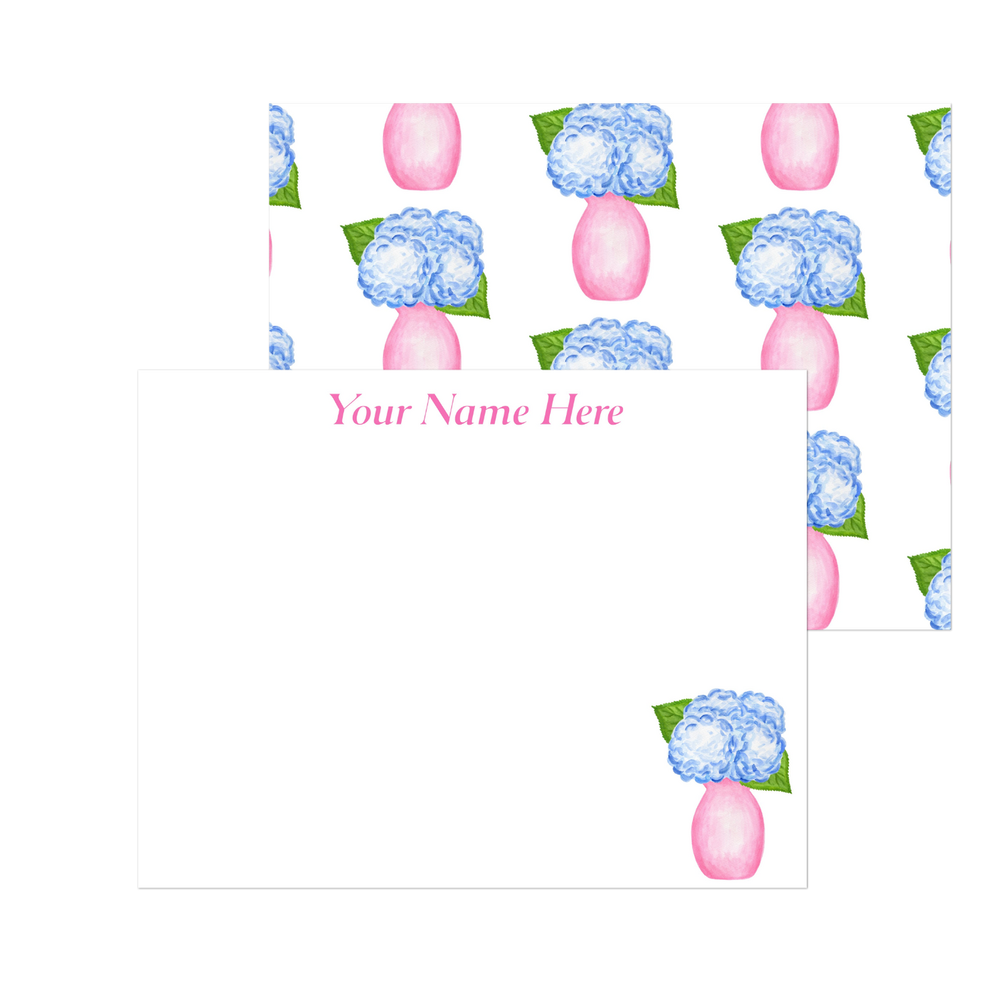 Personalized | Blue Hydrangeas in a Pink Vase Watercolor Illustration | Set of 10 Cards & Envelopes | 2 Sizes