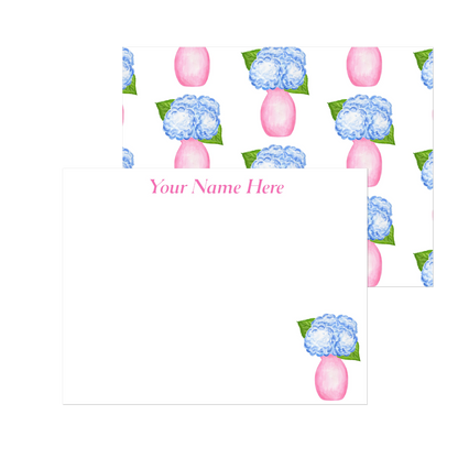 Personalized | Blue Hydrangeas in a Pink Vase Watercolor Illustration | Set of 10 Cards & Envelopes | 2 Sizes