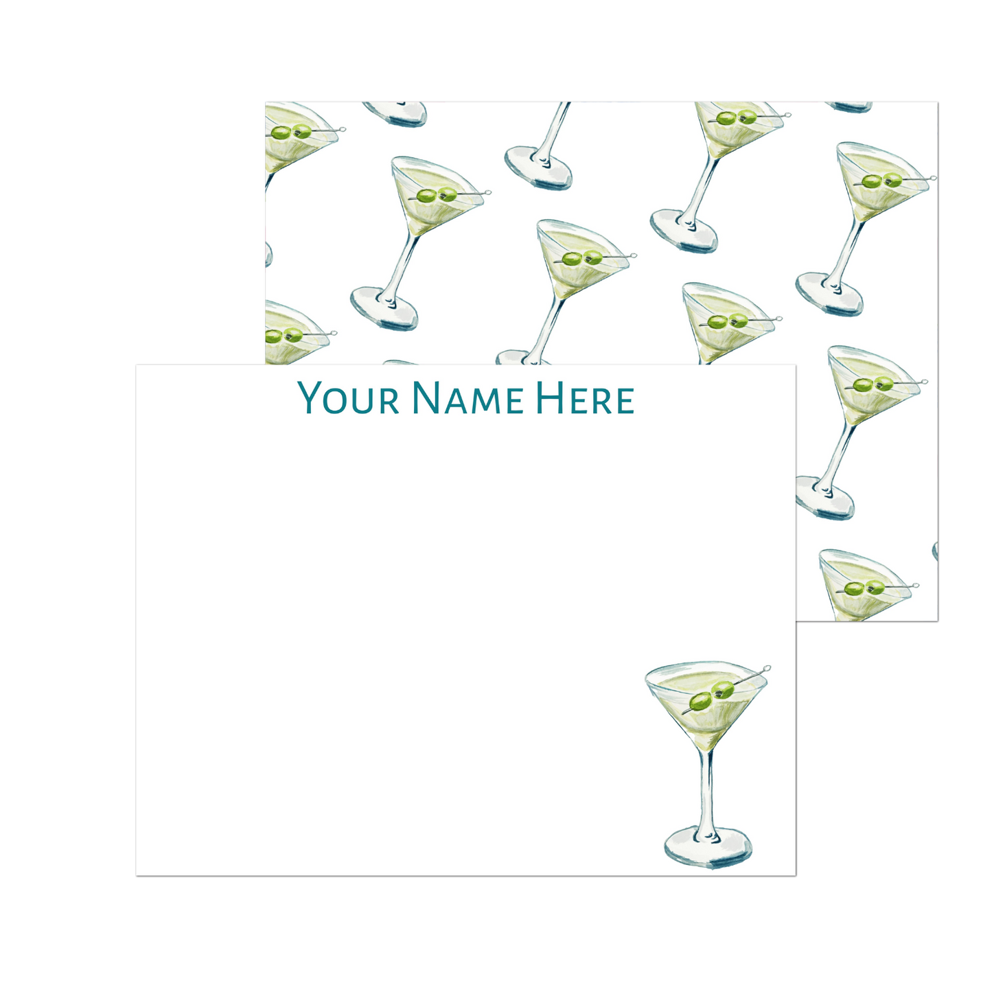 Personalized Blue & Green Martini Watercolor Illustration | Flat Notecards & Envelope Set of 10 | 2 Sizes
