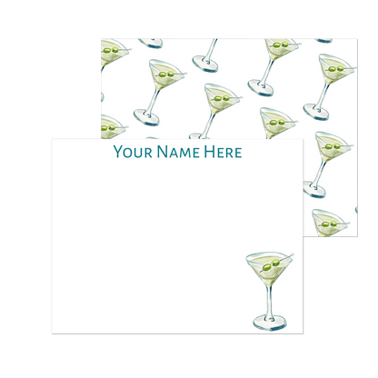 Personalized Blue & Green Martini Watercolor Illustration | Flat Notecards & Envelope Set of 10 | 2 Sizes