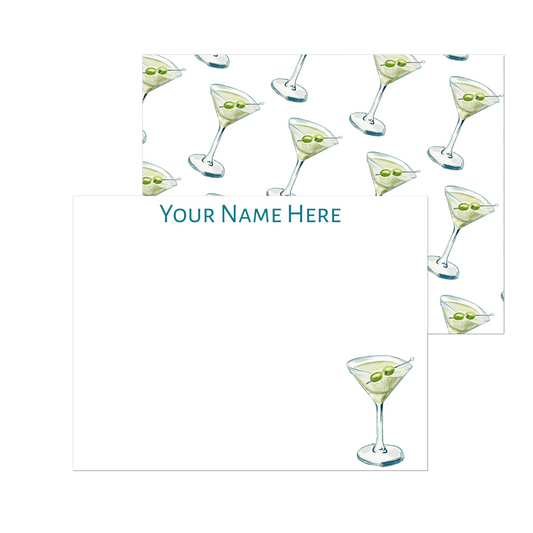 Personalized Blue & Green Martini Watercolor Illustration | Flat Notecards & Envelope Set of 10 | 2 Sizes