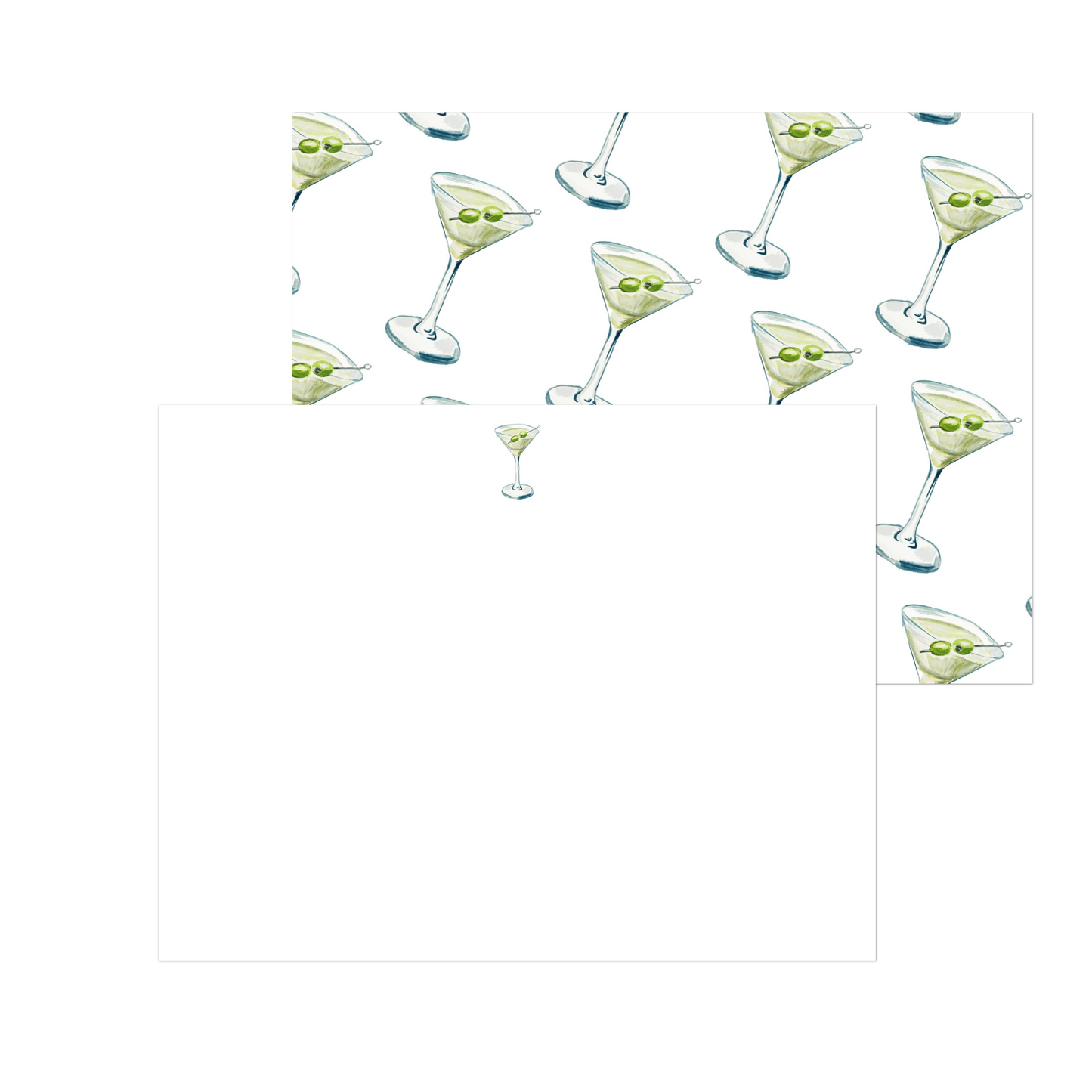 "Tini" Blue & Green Martini Watercolor Illustrated Notecards | Flat Notecards & Envelope Set of 10 | 2 Sizes