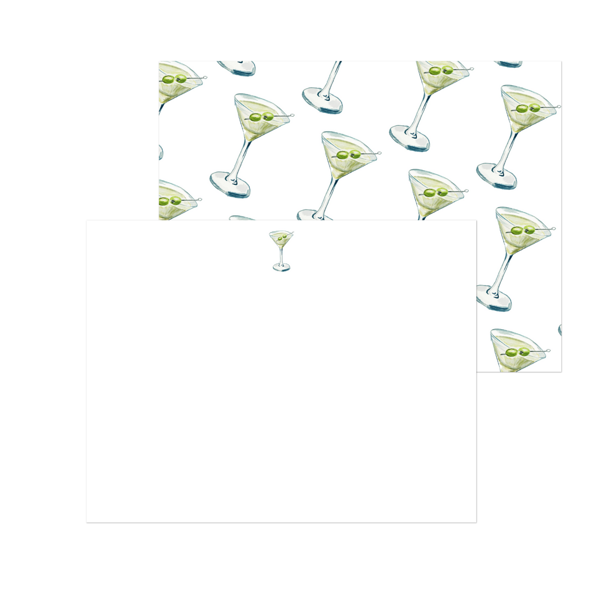 "Tini" Blue & Green Martini Watercolor Illustrated Notecards | Flat Notecards & Envelope Set of 10 | 2 Sizes