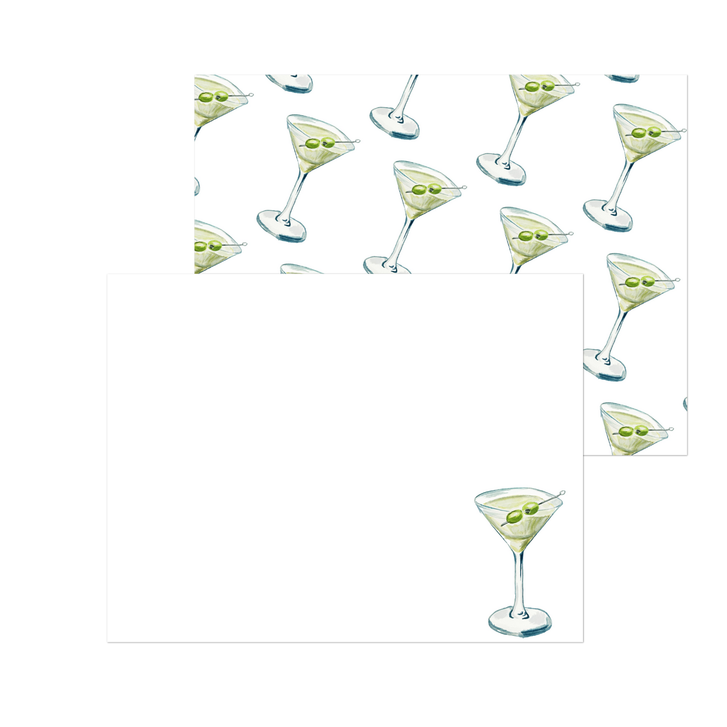 Blue & Green Martini Watercolor Illustrated Notecards | Set of 10 Cards & Envelopes | 2 Sizes