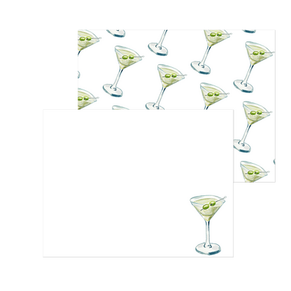 Blue & Green Martini Watercolor Illustrated Notecards | Set of 10 Cards & Envelopes | 2 Sizes