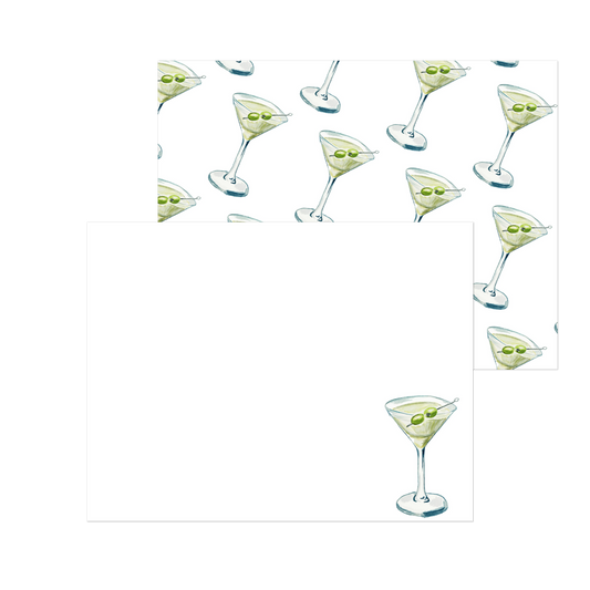 Blue & Green Martini Watercolor Illustrated Notecards | Set of 10 Cards & Envelopes | 2 Sizes