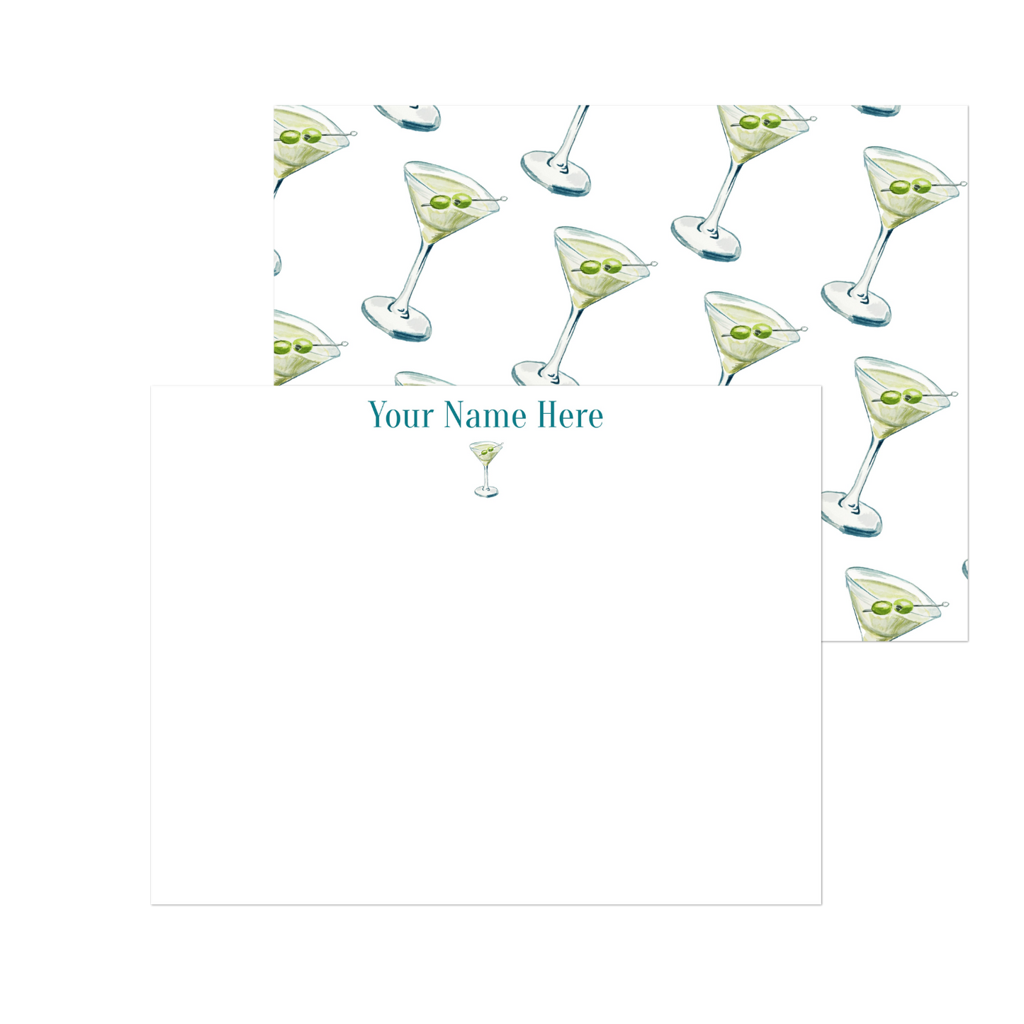 Personalized "Tini" Blue & Green Martini Watercolor Illustrated Stationery | Flat Notecards & Envelope Set of 10 | 2 Sizes