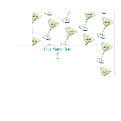 Personalized "Tini" Blue & Green Martini Watercolor Illustrated Stationery | Flat Notecards & Envelope Set of 10 | 2 Sizes