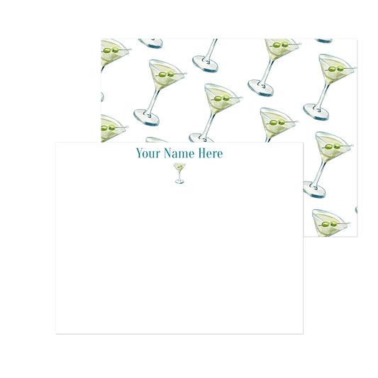 Personalized "Tini" Blue & Green Martini Watercolor Illustrated Stationery | Flat Notecards & Envelope Set of 10 | 2 Sizes