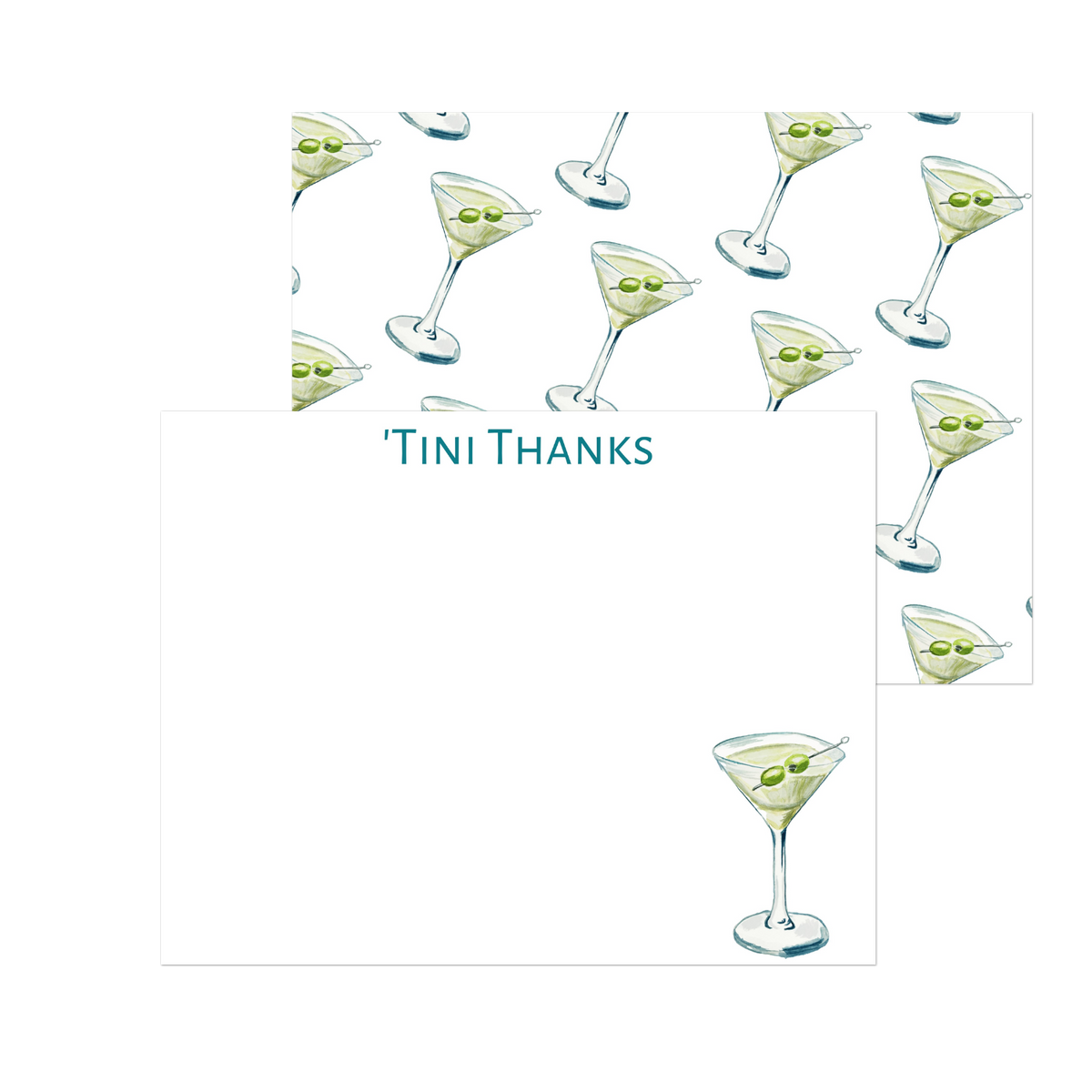 Set of 10 "'Tini Thanks" Martini Watercolor Illustrated Flat Notecards & Envelopes | 2 Sizes