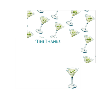 Set of 10 "'Tini Thanks" Martini Watercolor Illustrated Flat Notecards & Envelopes | 2 Sizes