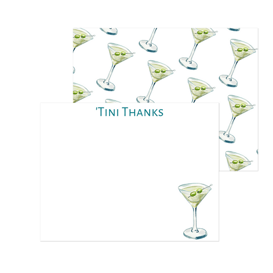 Set of 10 "'Tini Thanks" Martini Watercolor Illustrated Flat Notecards & Envelopes | 2 Sizes