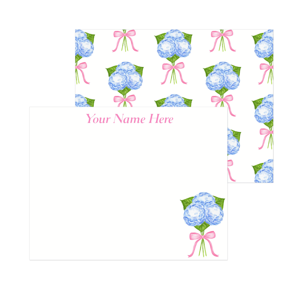 Personalized Blue Hydrangeas with a Light Pink Bow Watercolor Illustration | Set of 10 Cards & Envelopes | 2 Sizes