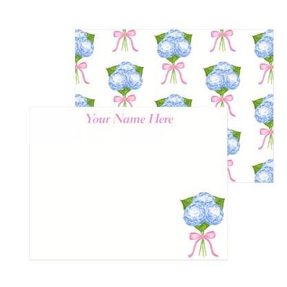Personalized Blue Hydrangeas with a Light Pink Bow Watercolor Illustration | Set of 10 Cards & Envelopes | 2 Sizes