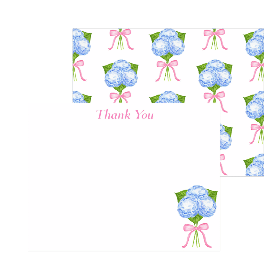 Thank You Notes | Blue Hydrangeas with a Light Pink Bow Watercolor Illustration | Set of 10 Cards & Envelopes | 2 Sizes