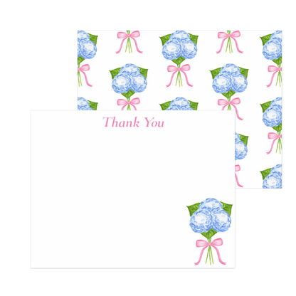 Thank You Notes | Blue Hydrangeas with a Light Pink Bow Watercolor Illustration | Set of 10 Cards & Envelopes | 2 Sizes