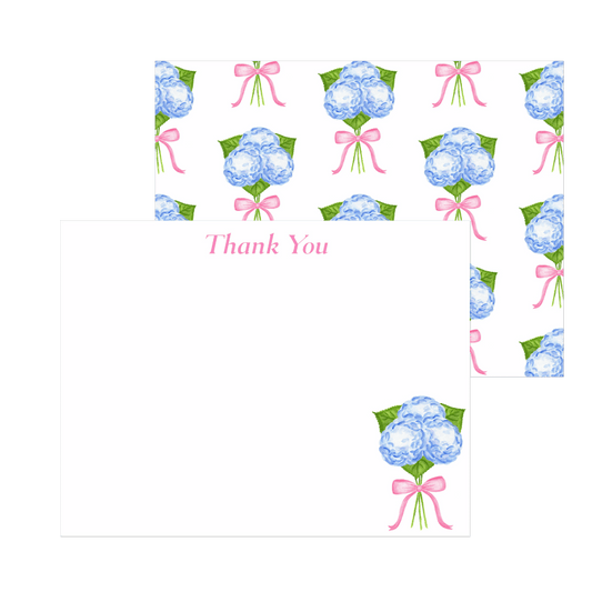 Thank You Notes | Blue Hydrangeas with a Light Pink Bow Watercolor Illustration | Set of 10 Cards & Envelopes | 2 Sizes