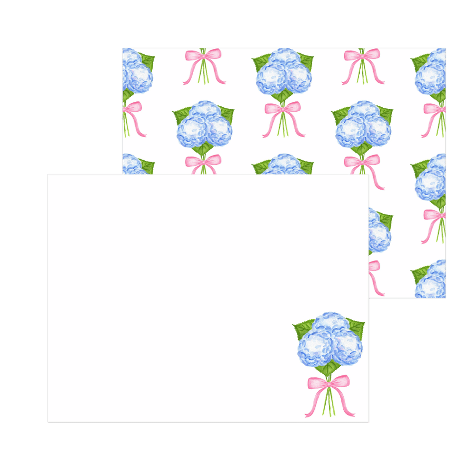 Blue Hydrangeas with a Light Pink Bow Watercolor Illustration | Set of 10 Cards & Envelopes | 2 Sizes