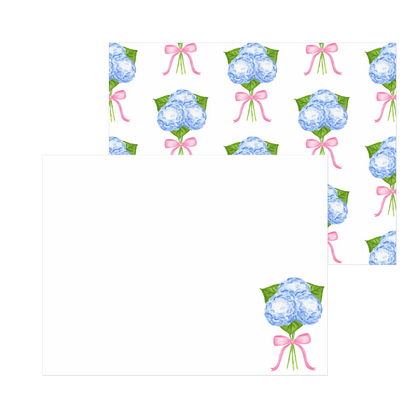 Blue Hydrangeas with a Light Pink Bow Watercolor Illustration | Set of 10 Cards & Envelopes | 2 Sizes