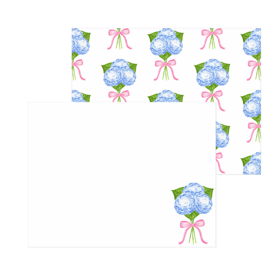 Blue Hydrangeas with a Light Pink Bow Watercolor Illustration | Set of 10 Cards & Envelopes | 2 Sizes