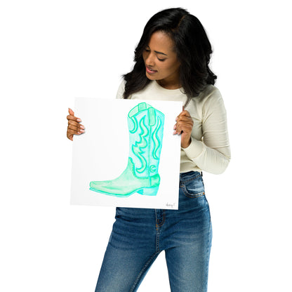 Print | Watercolor Mint Turquoise Cowboy Boot 12″×12″