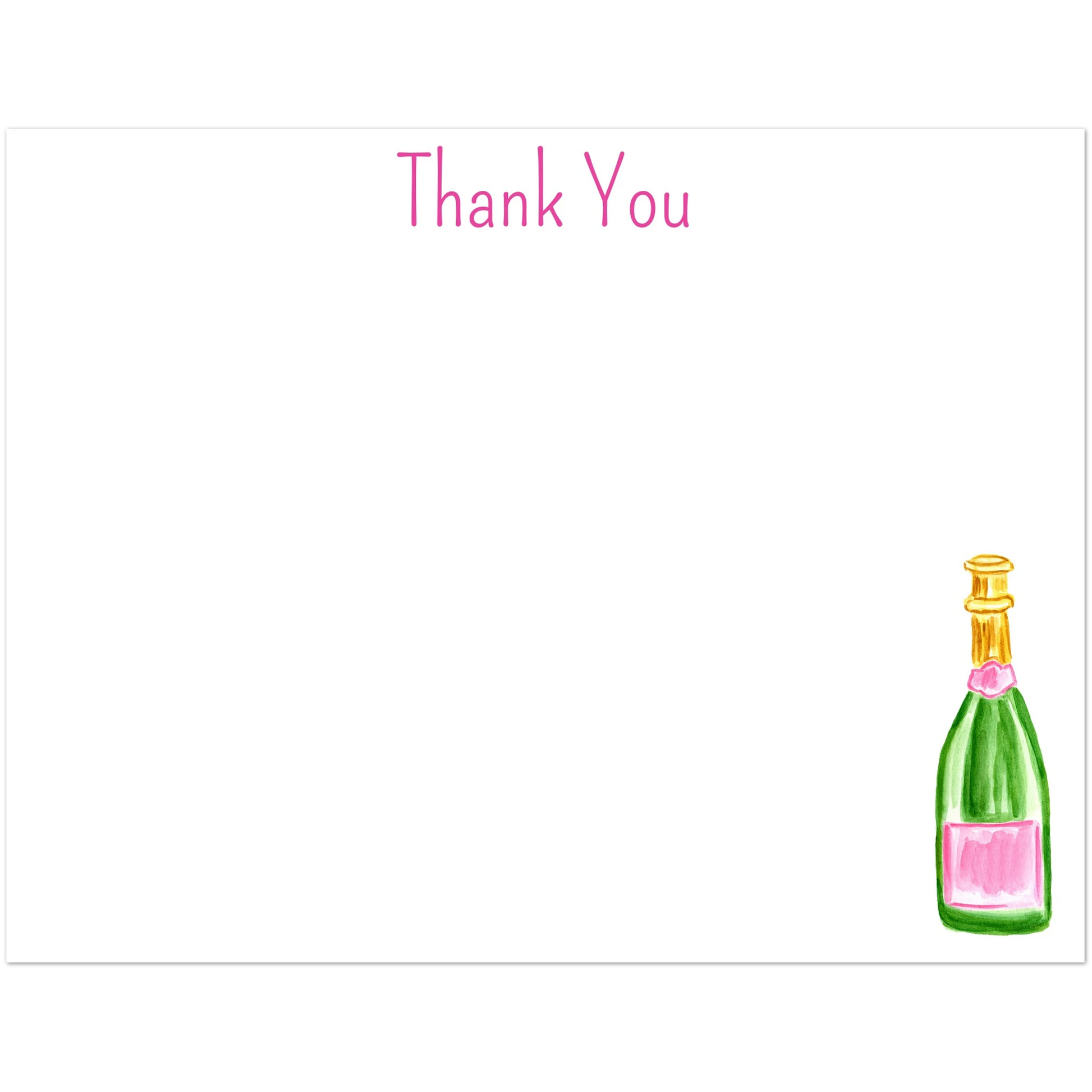 Thank You Card | Pink & Green Champagne Bottle Watercolor Illustration | Flat Notecards & Envelope Set of 10 | 2 Sizes 4.25x5.5″ (SM) Playful