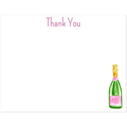 Thank You Card | Pink & Green Champagne Bottle Watercolor Illustration | Flat Notecards & Envelope Set of 10 | 2 Sizes 4.25x5.5″ (SM) Playful