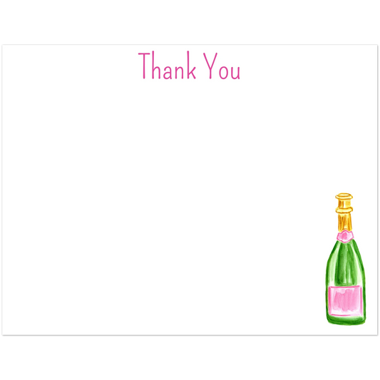 Thank You Card | Pink & Green Champagne Bottle Watercolor Illustration | Flat Notecards & Envelope Set of 10 | 2 Sizes 4.25x5.5″ (SM) Playful