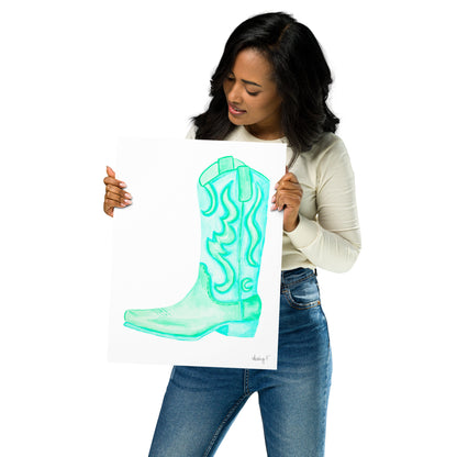 Print | Watercolor Mint Turquoise Cowboy Boot 12″×16″