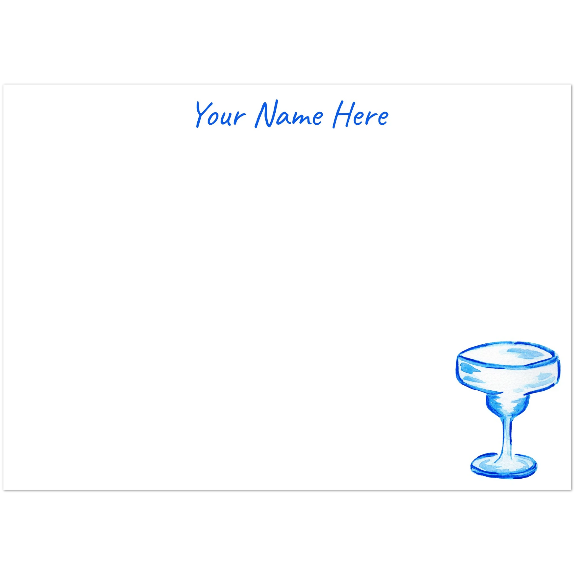 Personalized Blue Margarita Glass Watercolor Illustrated Flat Notecards | Set of 10 Cards & Envelopes | 2 Sizes | 3 Colors 5R (5 x 7″) Bright Blue