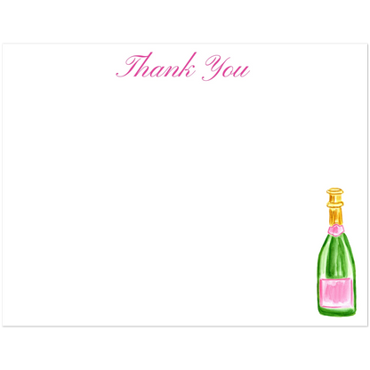 Personalize Pink & Green Champagne Bottle Watercolor Illustrated Flat Note Cards & Envelopes | Set of 10 | 2 Sizes